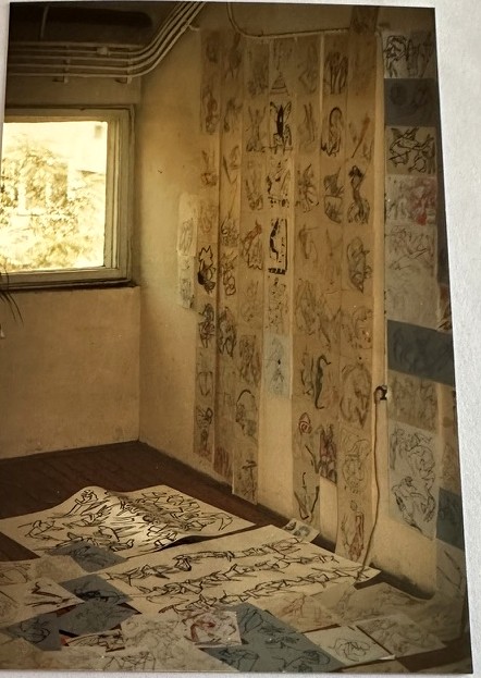The studio, Bucharest — drawings covering the walls and the floor